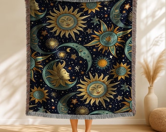Celestial Sun & Moon Woven Blanket, Starry Night Tapestry Throw with Fringe, Cozy Astrology Gift, Night Sky Decor, Star and Sun Design