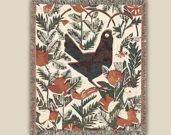 Blackbird Art Blanket, Botanical Sherpa Throw, Jeanne Bieruma Oosting Floral Bird Art, Garden Lover Gift