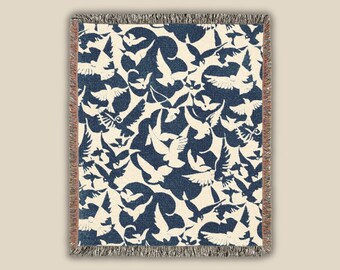 Blue Bird Sherpa Blanket, Flying Birds Pattern Throw, Coastal Cottage Decor