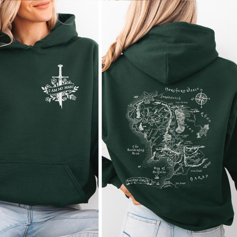 May include: Dark green hoodie with a front graphic featuring a sword, flowers, and the text "I AM NO MAN." The back displays a detailed white map with text. The hoodie has a hood and a front pocket.