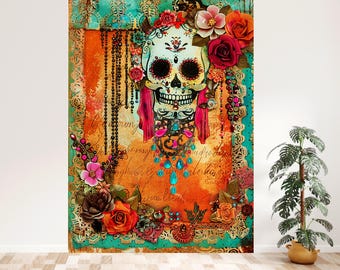 Christmas Sugar Skull Sherpa Blanket, Mexican Folk Art Plush Throw, Day of the Dead Floral Skull, Cozy Boho Gift, Made in USA