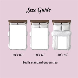 May include: A size guide for a queen-sized bed with three different duvet cover sizes: 60 inches by 80 inches, 50 inches by 60 inches, and 30 inches by 40 inches.