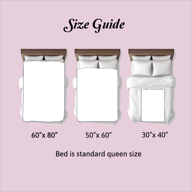 May include: A size guide for a queen-sized bed with three different duvet cover sizes: 60 inches by 80 inches, 50 inches by 60 inches, and 30 inches by 40 inches.