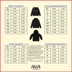 May include: A chart displaying size measurements for unisex and youth sweatshirts and hooded sweatshirts. The measurements are in inches, including width and length for sizes XS to 5XL. Black sweatshirts and hoodies are shown.