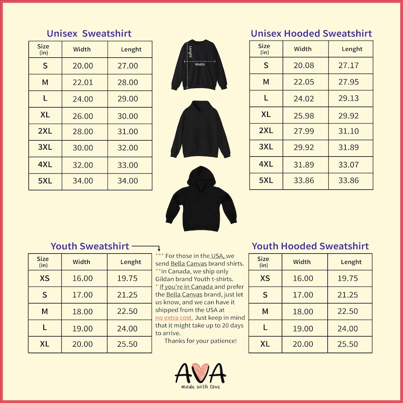 May include: A chart displaying size measurements for unisex and youth sweatshirts and hooded sweatshirts. The measurements are in inches, including width and length for sizes XS to 5XL. Black sweatshirts and hoodies are shown.