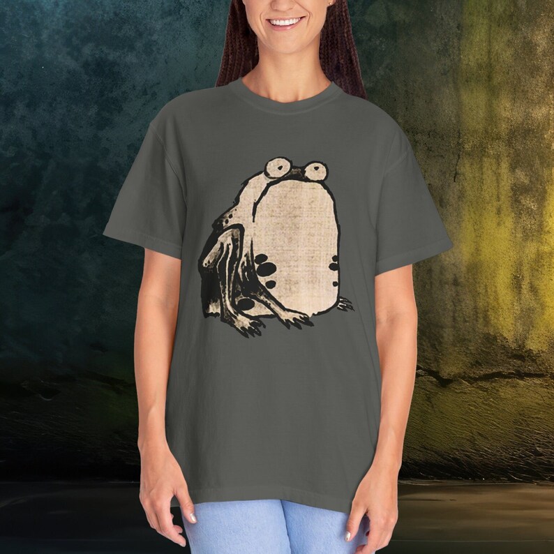 Puede incluir: Una camiseta gris antracita con una ilustraci&oacute;n vintage de una rana con ojos grandes. La rana est&aacute; sentada sobre sus patas traseras con las patas delanteras cruzadas.