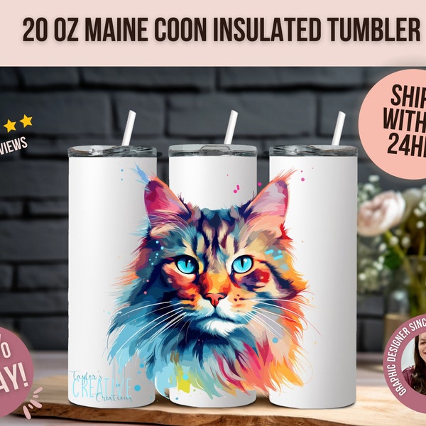 20 oz Maine Coon insulated tumbler | Cat Tumbler | Cat Lover Tumbler | Skinny Tumbler With Lid | Cat Mug
