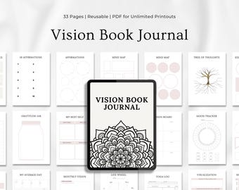 May include: A digital Vision Book Journal with 33 pages, reusable PDF for unlimited printouts. The cover features the text "Vision Book Journal" above a black and white mandala design. Pages include affirmations, mind maps, and mood trackers.