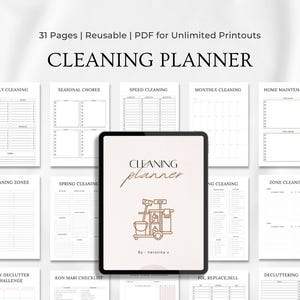 Puede incluir: Un planificador de limpieza digital con 31 páginas, reutilizable y disponible en PDF. La portada presenta las palabras "CLEANING PLANNER" y una ilustración de un carro de limpieza. Se muestran varias listas de verificación y horarios de limpieza.