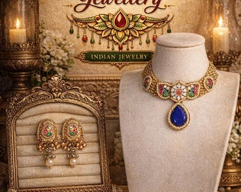 Antik indisk choker-set i mässing/Pachi Kundan och doublett i sten och CZ-arbete