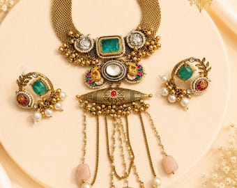 Pachi Kundan Brass Statement Necklace: Indian Choker Jewelry