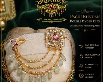 Pachi Kundan Double Finger Ring | Gold Plated Indian Hathphool Jewelry adjustable size
