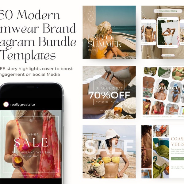 60 Modern Swimwear Aesthetic Instagram Post Templates | Canva Templates | Modern Swimwear Pack | Sale Template | Instagram Business