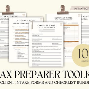May include: A set of 10+ printable tax preparer toolkit forms and checklists. The forms include a client intake form, self-employment exam, business tax preparation form, and partnership and S-Corp business information form. The forms are in a light gray and brown color scheme with a company logo in the top right corner.