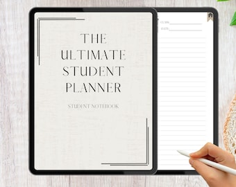 以下が含まれることがあります： タブレットに表示されているデジタルプランナー。表紙には「THE ULTIMATE STUDENT PLANNER STUDENT NOTEBOOK」というテキストが書かれています。プランナーには、ノート用の罫線ページと、授業と日付のセクションがあります。