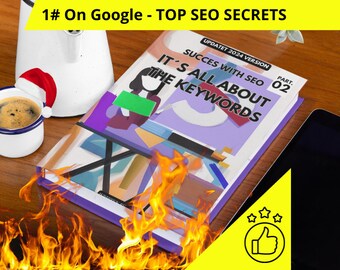 Op de afbeelding: Een paars boek met de titel "It's All About The Keywords" en de tekst "Success with SEO" en "Update 2024 Version" op de kaft. Het boek ligt op een houten oppervlak met een kopje koffie en een tablet.