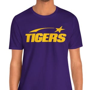 Tigers Star Logo Purple Distressed College Streetwear T-Shirt | Bold Game Day Tee for Students, Alumni & Fans