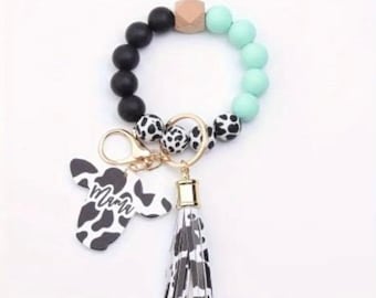 Bracciale con perline Mama con stampa mucca azzurra