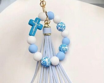 Baby Blue Jesus Beaded Wristlet