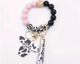 Bracciale con perline Mama con stampa mucca rosa chiaro