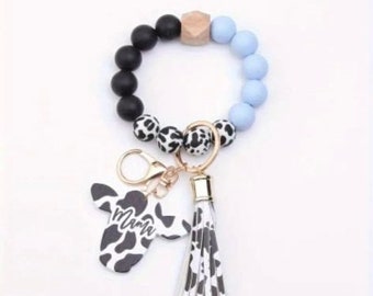 Pulsera con cuentas Mama con estampado de vaca azul claro