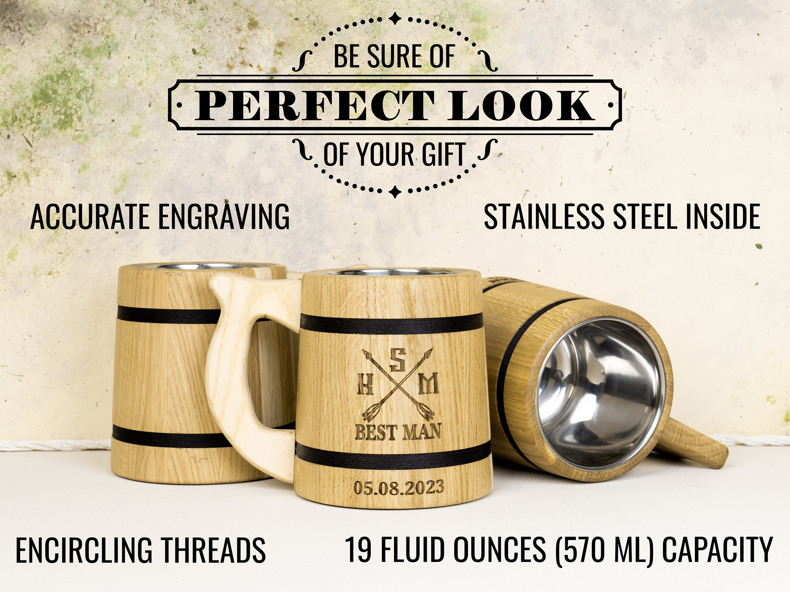Personalized Groomsmen Beer Mug Custom Wooden Stein, Customizable Best Man Gift from Groom Engraved Wood Tankard, Wedding Gift for Father