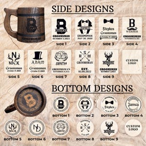May include: A wooden beer tankard with a large handle, engraved with the name "Browns" and the date "10.20.2023". The image also shows various design options for the mug, including initials, names, and dates, ideal for groomsmen gifts.