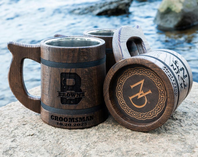Monogram Beer Tankard, Custom Wooden Stein, Officiant Wedding Beer Mug, Best Man Invitation Gift, Unique Groomsmen Gifts