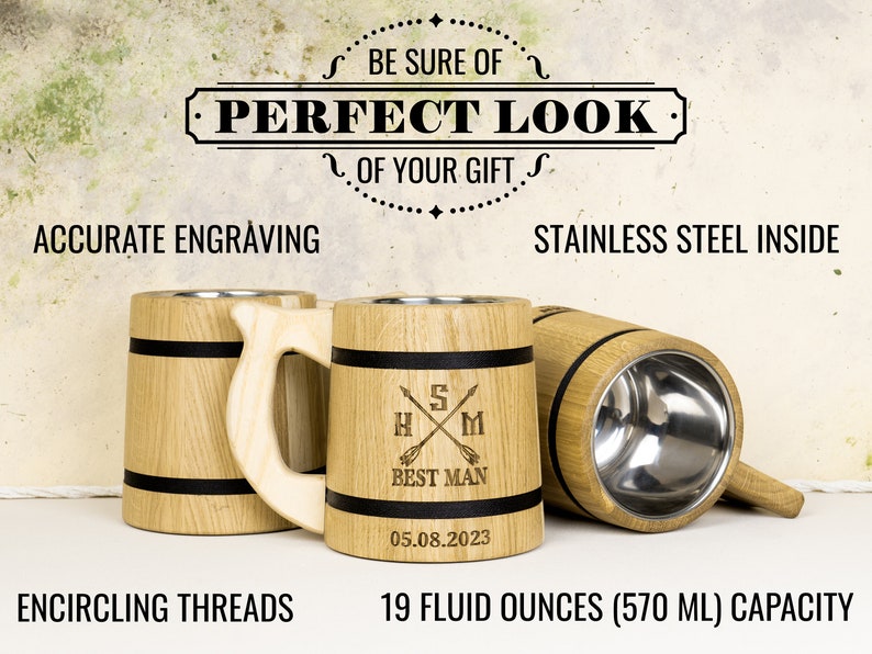 May include: Three wooden beer mugs with black bands and engraved text. The mug in the center has the text "S HXM BEST MAN 05.08.2023". The mugs have a stainless steel interior and a 19 fluid ounce (570 ml) capacity.