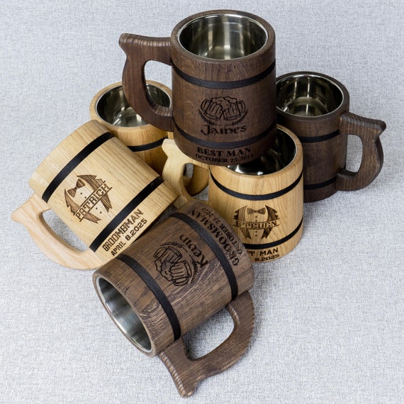 Custom Stein Mug, Groomsmen Wooden Beer Mug, Personalized Medieval Tankard, Best Man Gift, Bachelor Party Favor, Wedding Officiant Gift