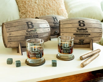 Wedding Gift for Men Whiskey Set in Custom Wooden Box Barrel, Personalized Groomsmen Alcohol Gift for Best Man, Father of the Bride, Groom