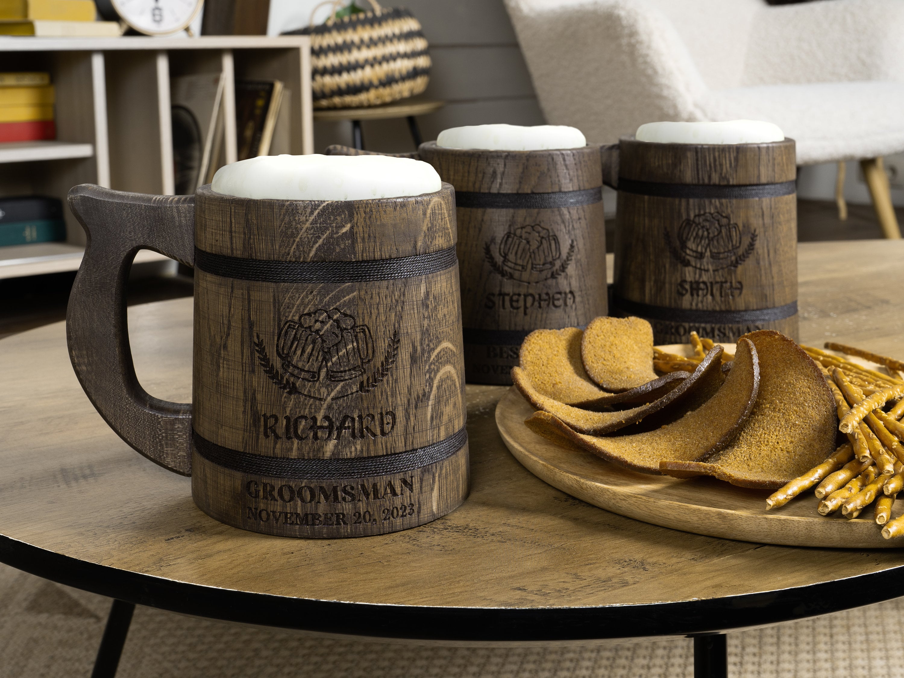 Personalized Groomsmen Beer Mug Custom Wooden Stein, Customizable Best Man Gift from Groom Engraved Wood Tankard, Wedding Gift for Father