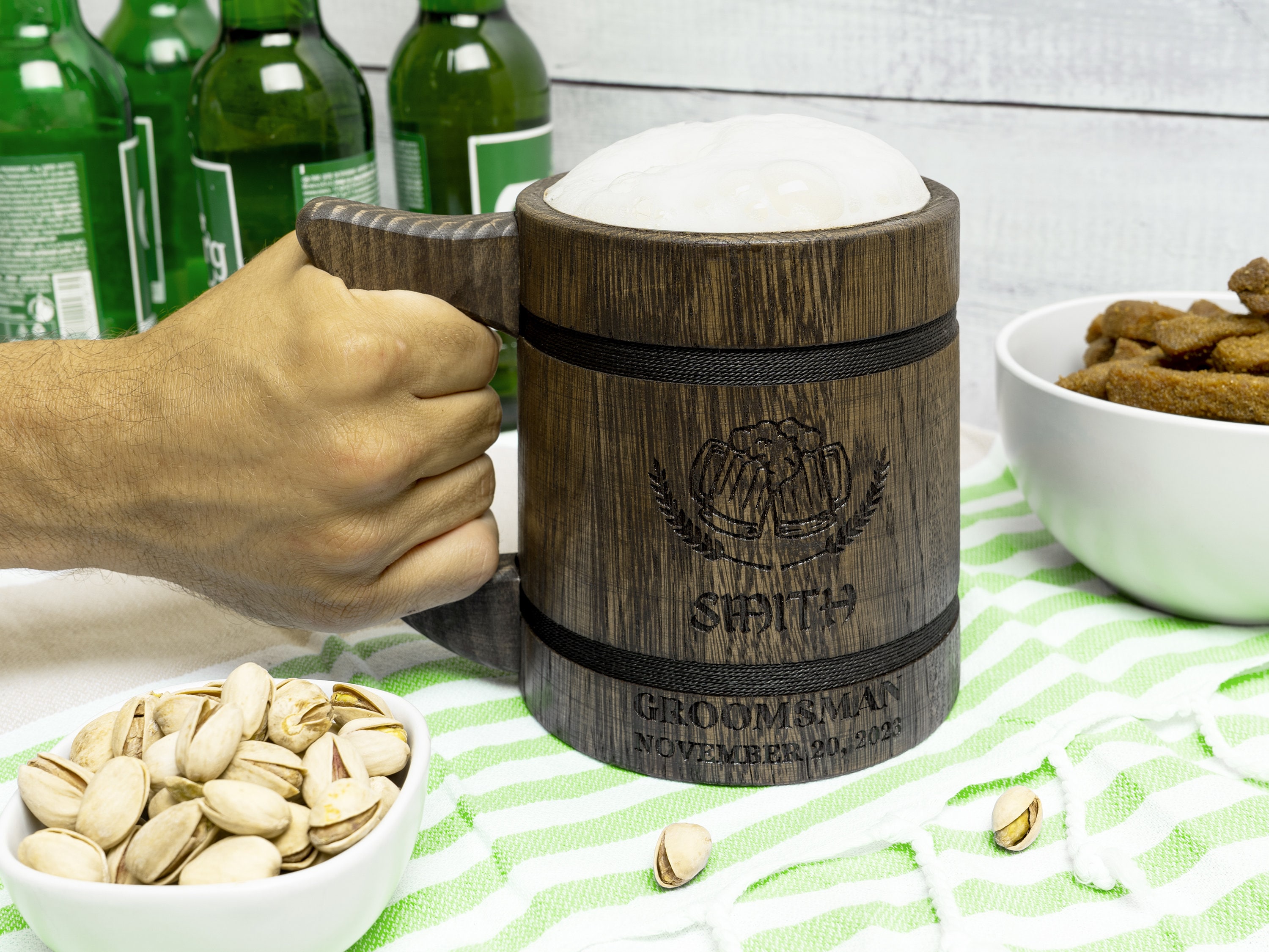 Personalized Groomsmen Beer Mug Custom Wooden Stein, Customizable Best Man Gift from Groom Engraved Wood Tankard, Wedding Gift for Father