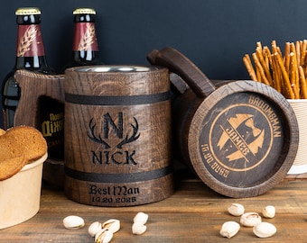 Engraved Wooden Beer Mug: Personalized Groomsmen Gift Tankard