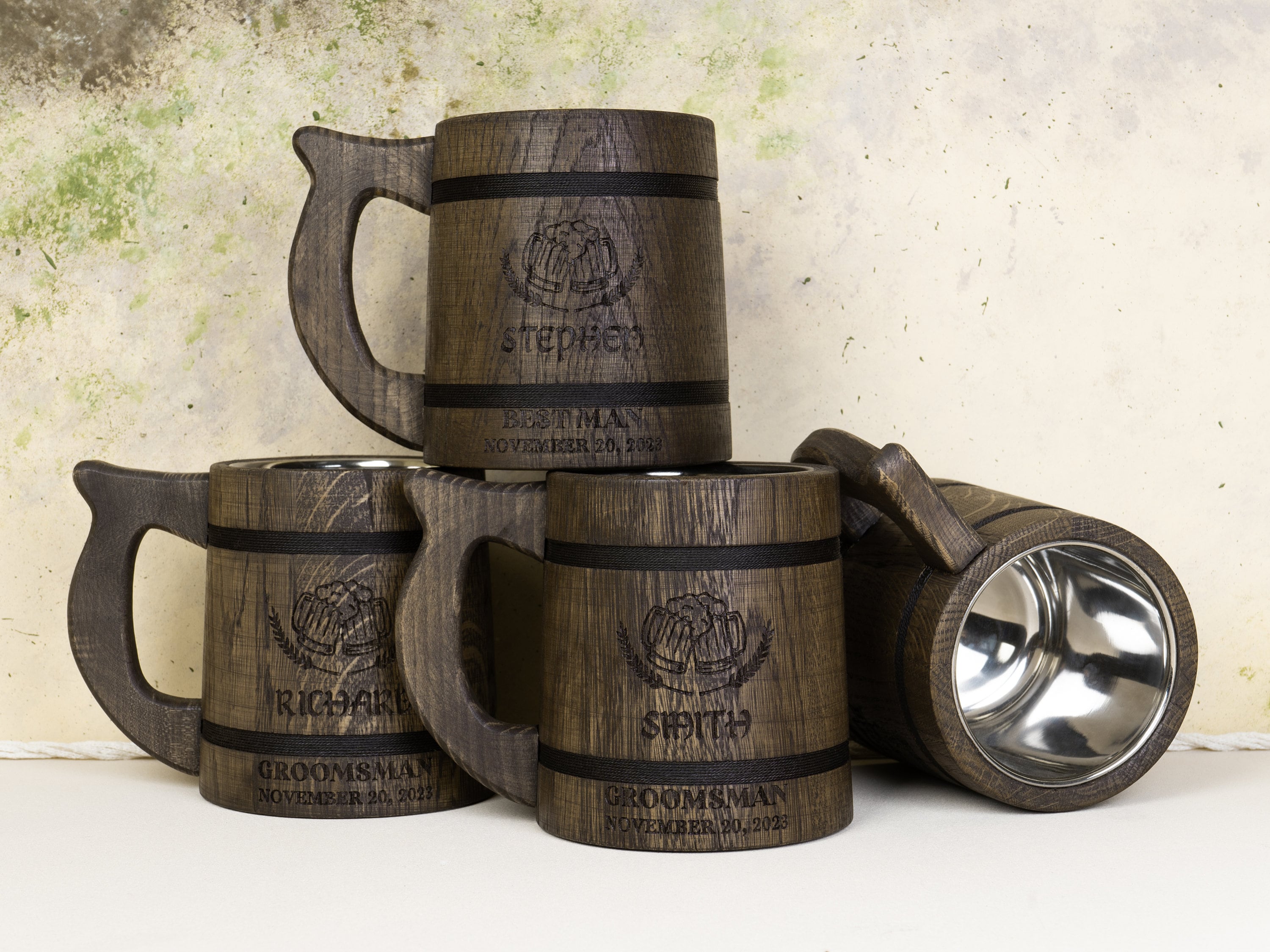 Personalized Groomsmen Beer Mug Custom Wooden Stein, Customizable Best Man Gift from Groom Engraved Wood Tankard, Wedding Gift for Father