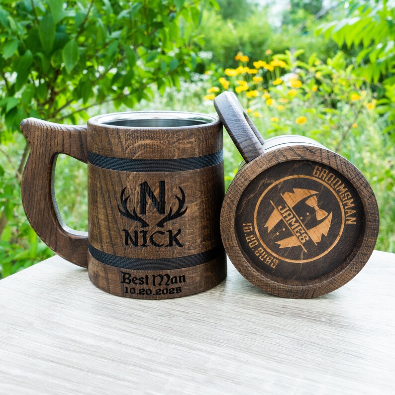 Custom Stein Mug, Groomsmen Wooden Beer Mug, Personalized Medieval Tankard, Best Man Gift, Bachelor Party Favor, Wedding Officiant Gift image 3