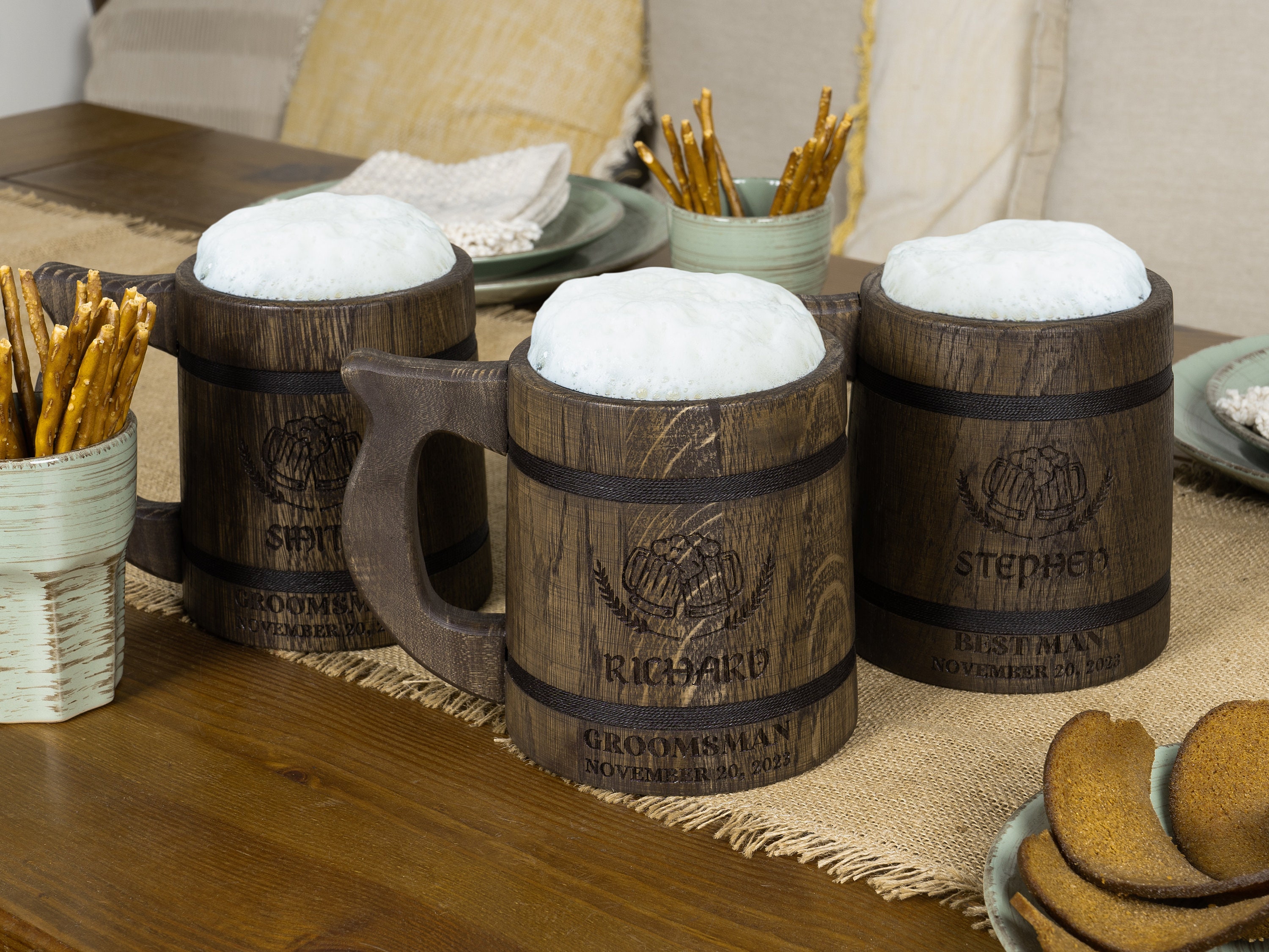 Personalized Groomsmen Beer Mug Custom Wooden Stein, Customizable Best Man Gift from Groom Engraved Wood Tankard, Wedding Gift for Father