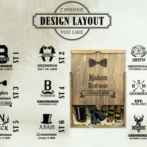 May include: Nine different designs for a wooden box with a personalized engraved message. The box is designed to hold a set of three cigars and a bow tie. The designs include a variety of initials, names, and dates. The text on the box reads "Kadam Best man October 5, 2023".