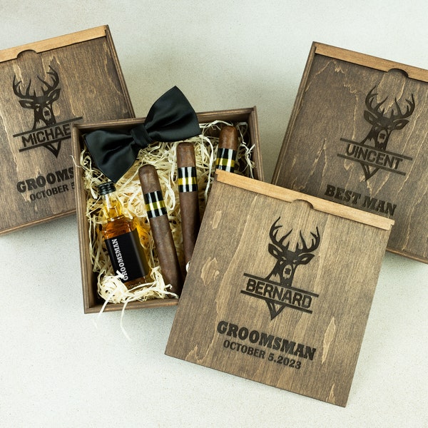 Groomsmen Cigar Box Personalized Wooden Gift Boxes Set for Mini Alcohol Bottles, Best man Invitation Box, Wedding Favors