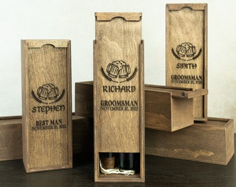 May include: Three wooden boxes with engraved text and a beer mug design. The boxes are labeled "Stephen Best Man November 20, 2022", "Richard Groomman November 20, 2022", and "Sidith Groomman November 20, 2022".