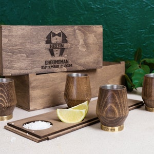 Personalized Wood Shot Glasses in Engraved Gift Box, Custom Barware, Mens Birthday Gift, 5th Anniversary Gift, Custom Wedding Invitation