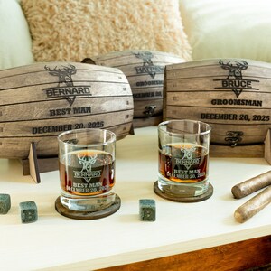 Custom Whiskey Glass Set in Bourbon Barrel, Personalized Coasters and Whiskey Stones, Bachelor Party Gift for Groomsman, Best Man, Officiant