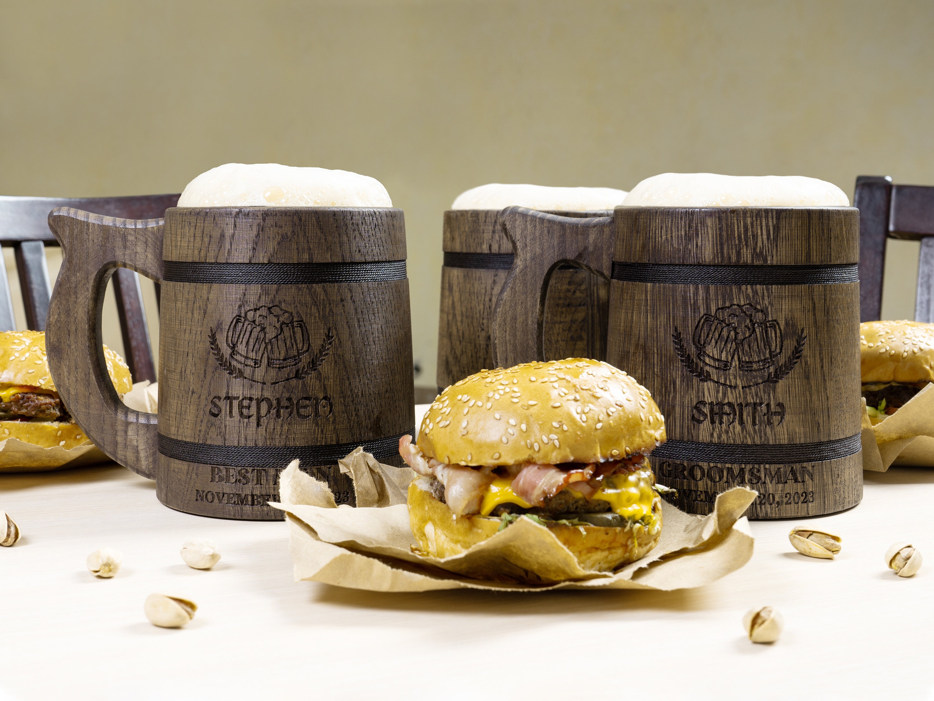 Personalized Groomsmen Beer Mug Custom Wooden Stein, Customizable Best Man Gift from Groom Engraved Wood Tankard, Wedding Gift for Father