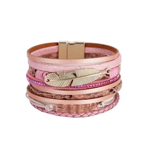 Bohemian Style (BOHO) Feather Leather Woven Women&#39;s Multilayer Bracelet with Magnetic Clasp Leaf Bangle