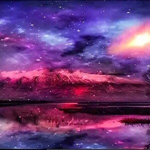 May include: A digital art illustration of a mountain range reflected in a still lake under a starry night sky. The sky is a vibrant mix of purple, pink, and blue with a bright star in the upper right corner.