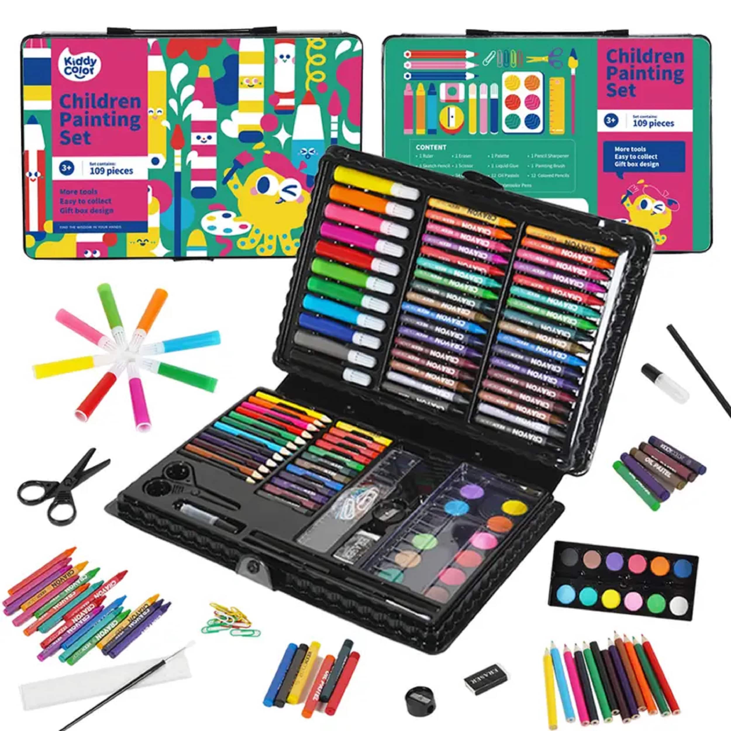 109-piece Deluxe Art Set for Kids Markers, Watercolor Cakes, Color Pencils  