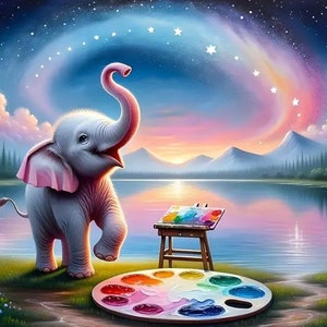 May include: A whimsical painting of a happy elephant standing in front of a colorful paint palette and a lake with a mountain range in the background. The sky is filled with stars and a rainbow.