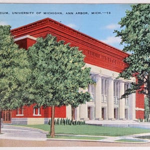 Carte postale Hill Auditorium Univ of Michigan Ann Arbor couleur imprimée dessin 1942