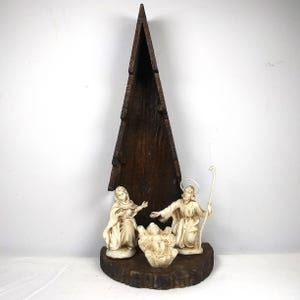 Nativity Creche / Scene Handmade Wood W/ Steeple Behind Baby Jesus Mary & Joseph VTG 50s