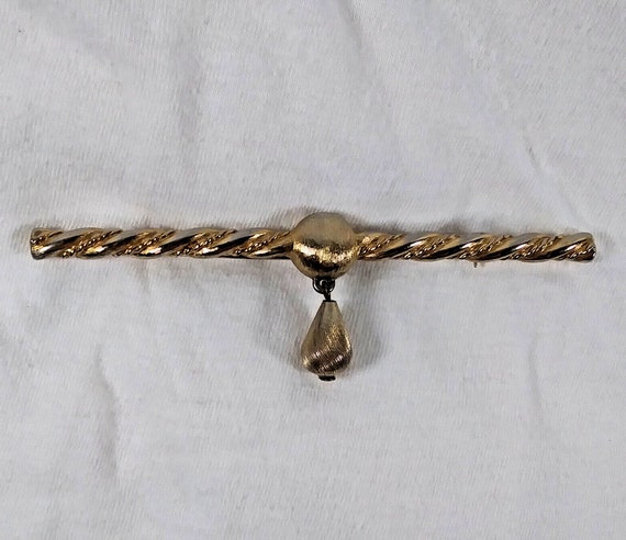 Monet Signed Bar Brooch Scrolled With Dangling Be… - image 1